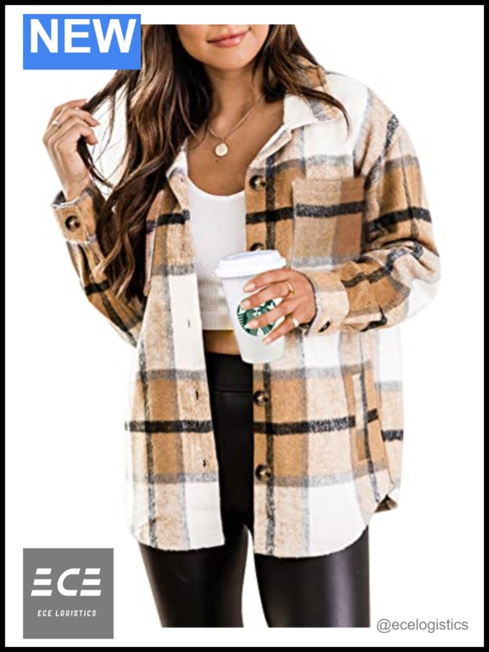 Polyester Plaid Button Down Shacket with Pockets for Fall Winter Casual